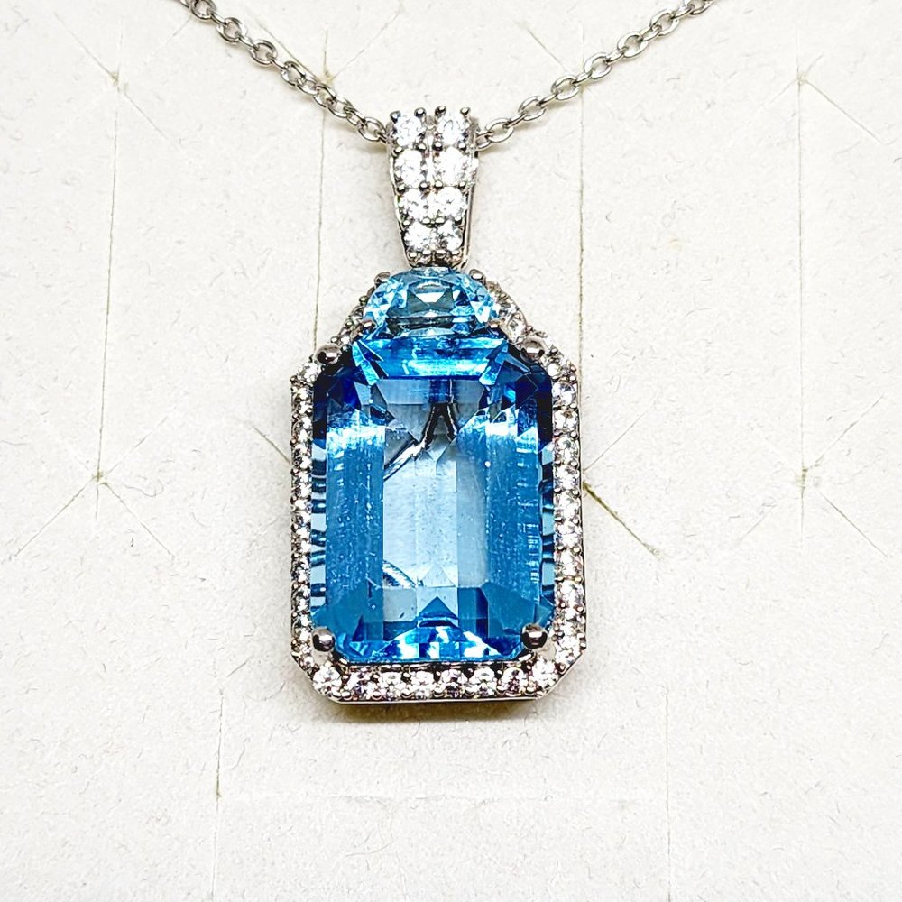 Blue Topaz & White Zircon pendant necklace 20 inch in Plat/925 SS 21.90 tcw